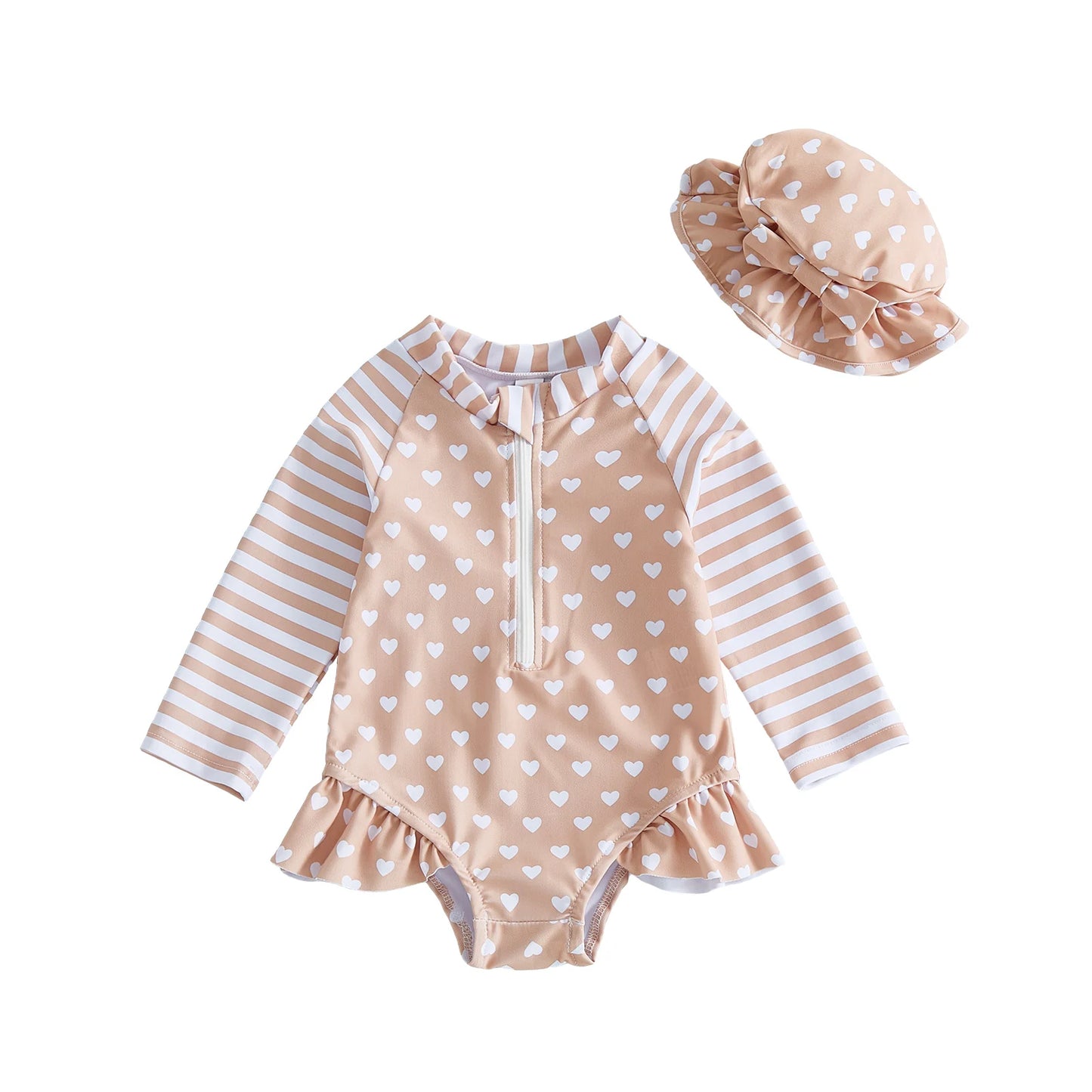 Girls Heart Patterned Two Piece Rash Guard Swimsuit With Hat