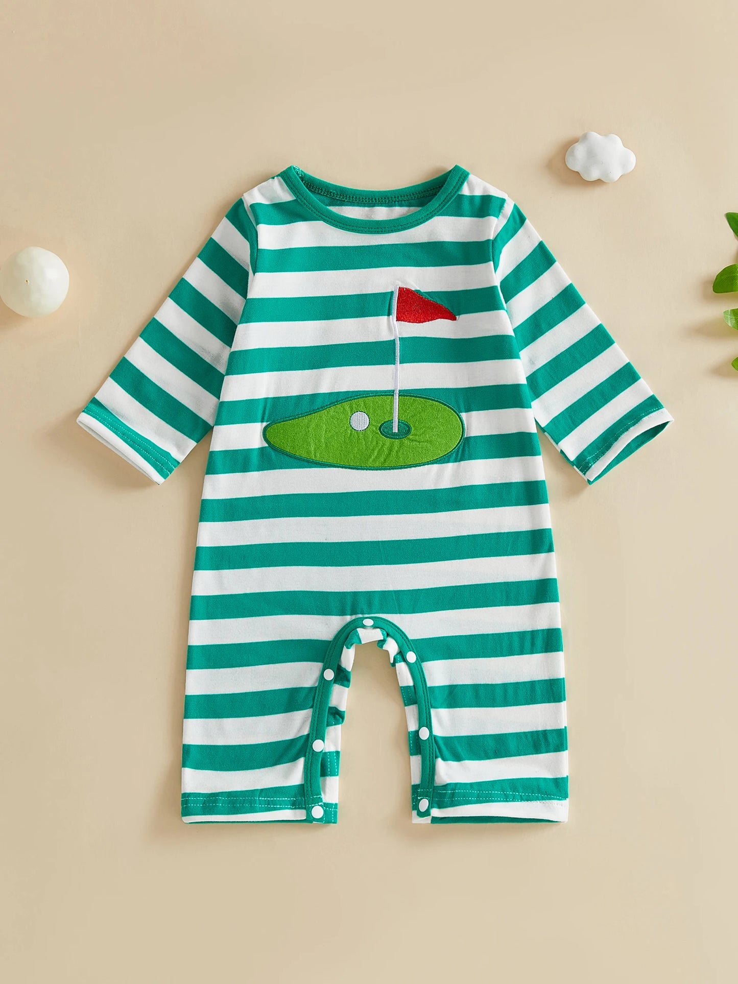 Infant Striped Playsuit With Long Sleeves And Golf Embroidery