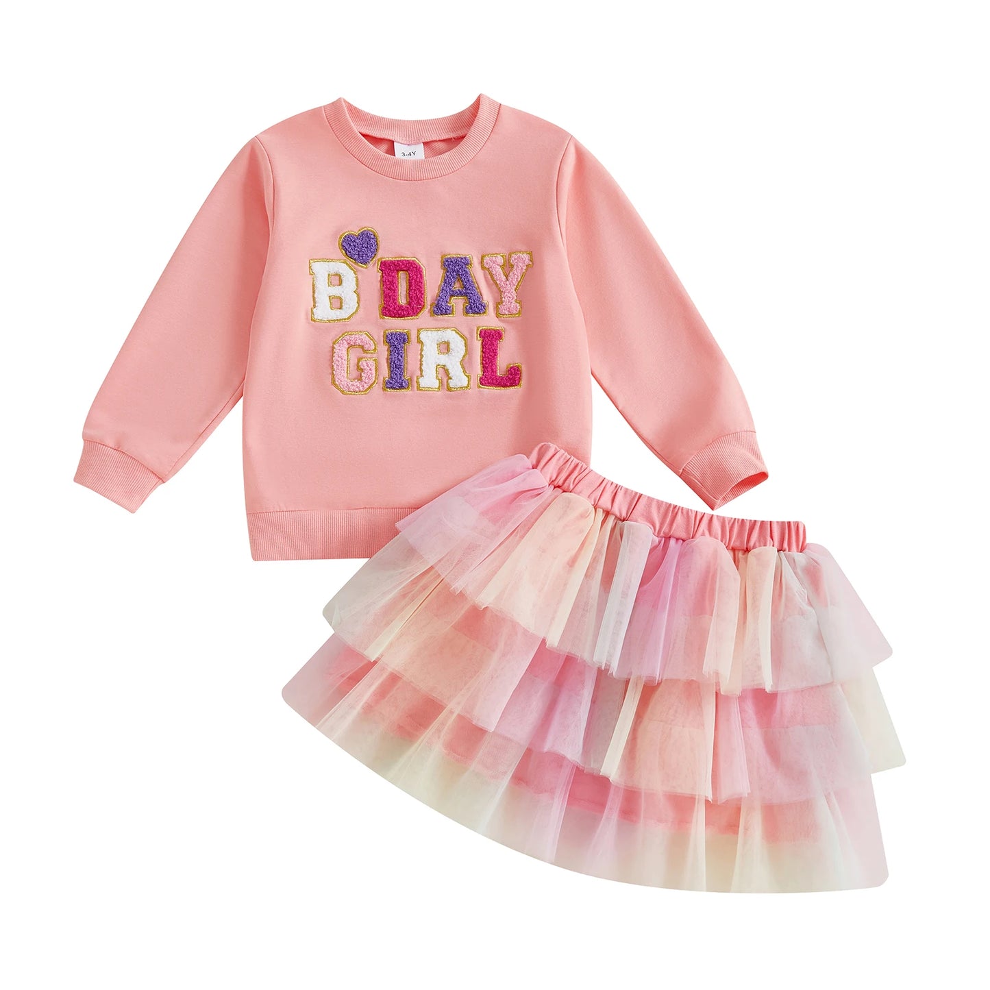 Adorable Toddler Girl Birthday Outfit Heart Embroidered Sweatshirt Layered Skirt