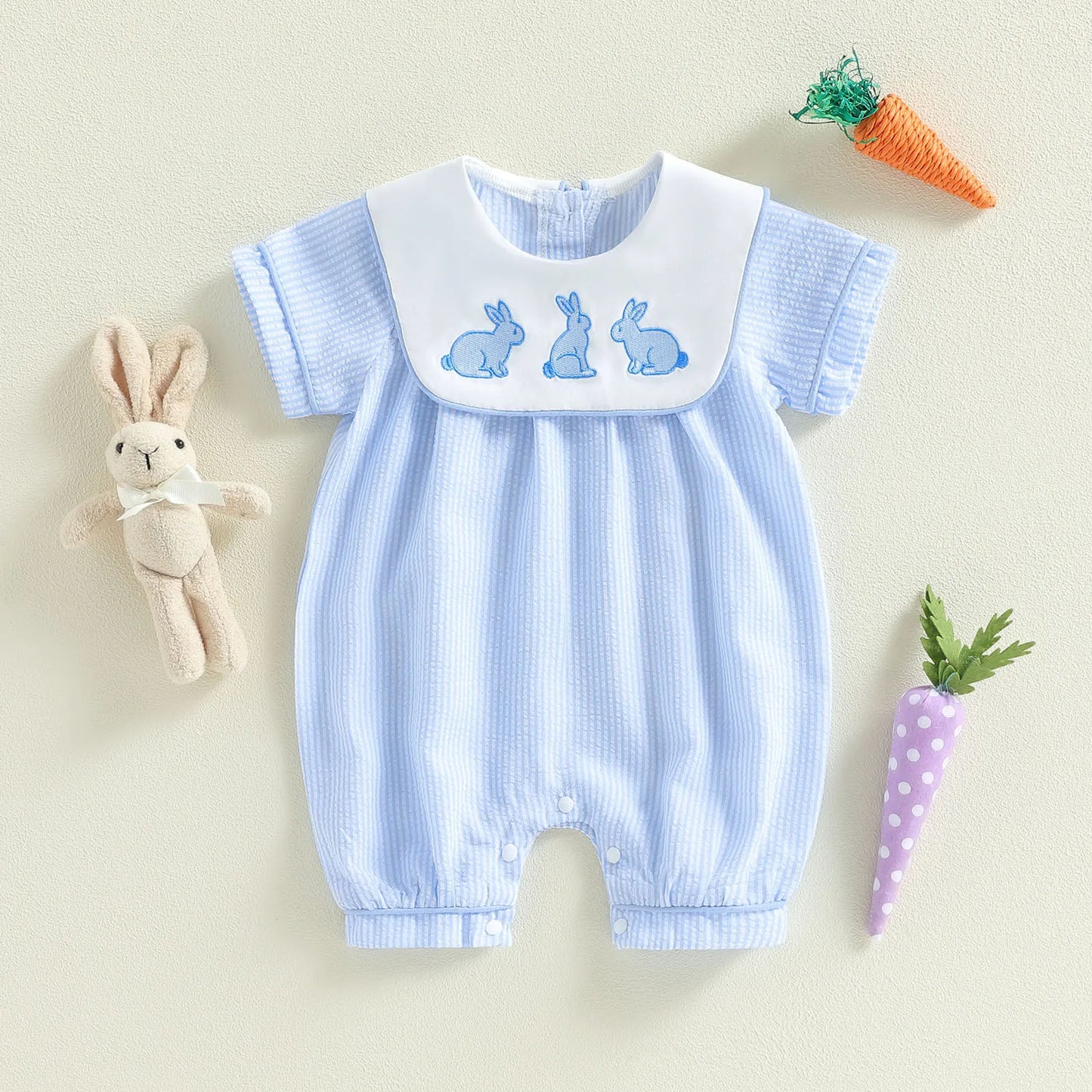 Infant Easter Bunny Romper With Short Sleeve Embroidered Sailor Collar