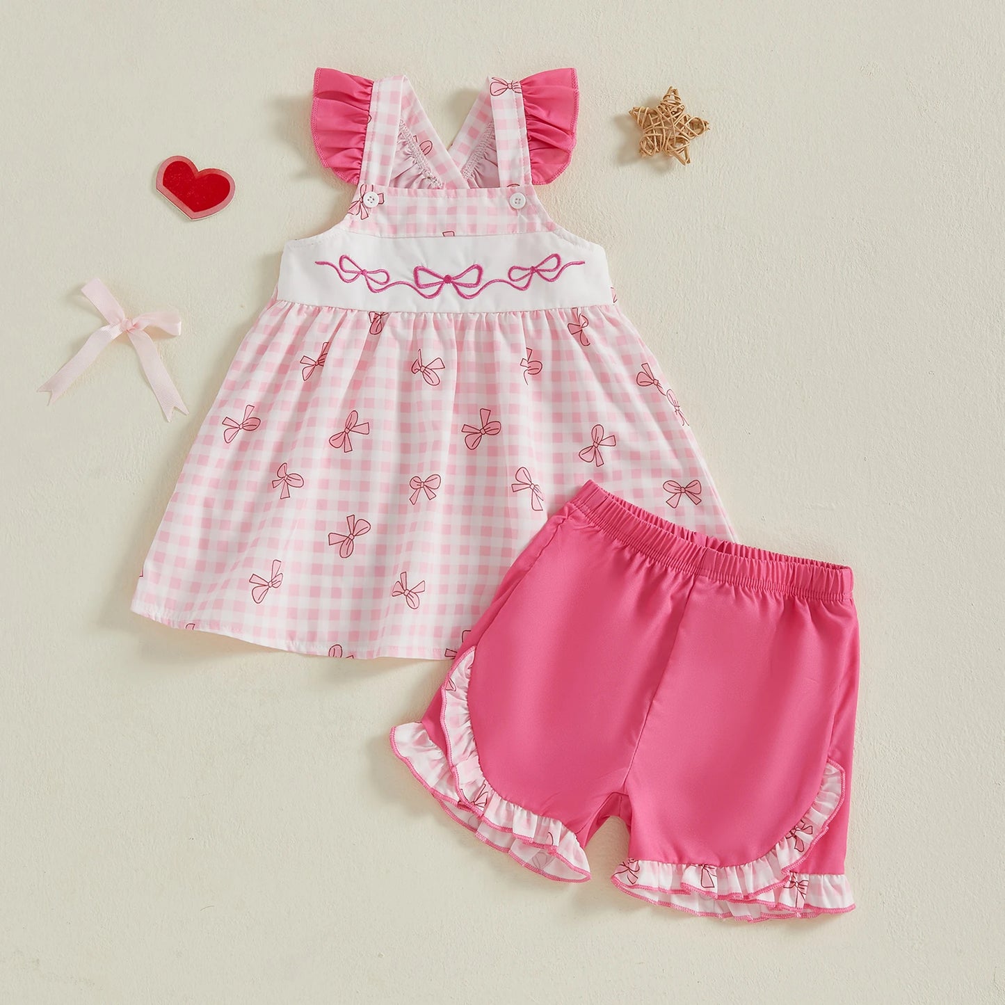 Meihuida Toddler Bow Plaid Baseball Top With Ruffle Shorts Set