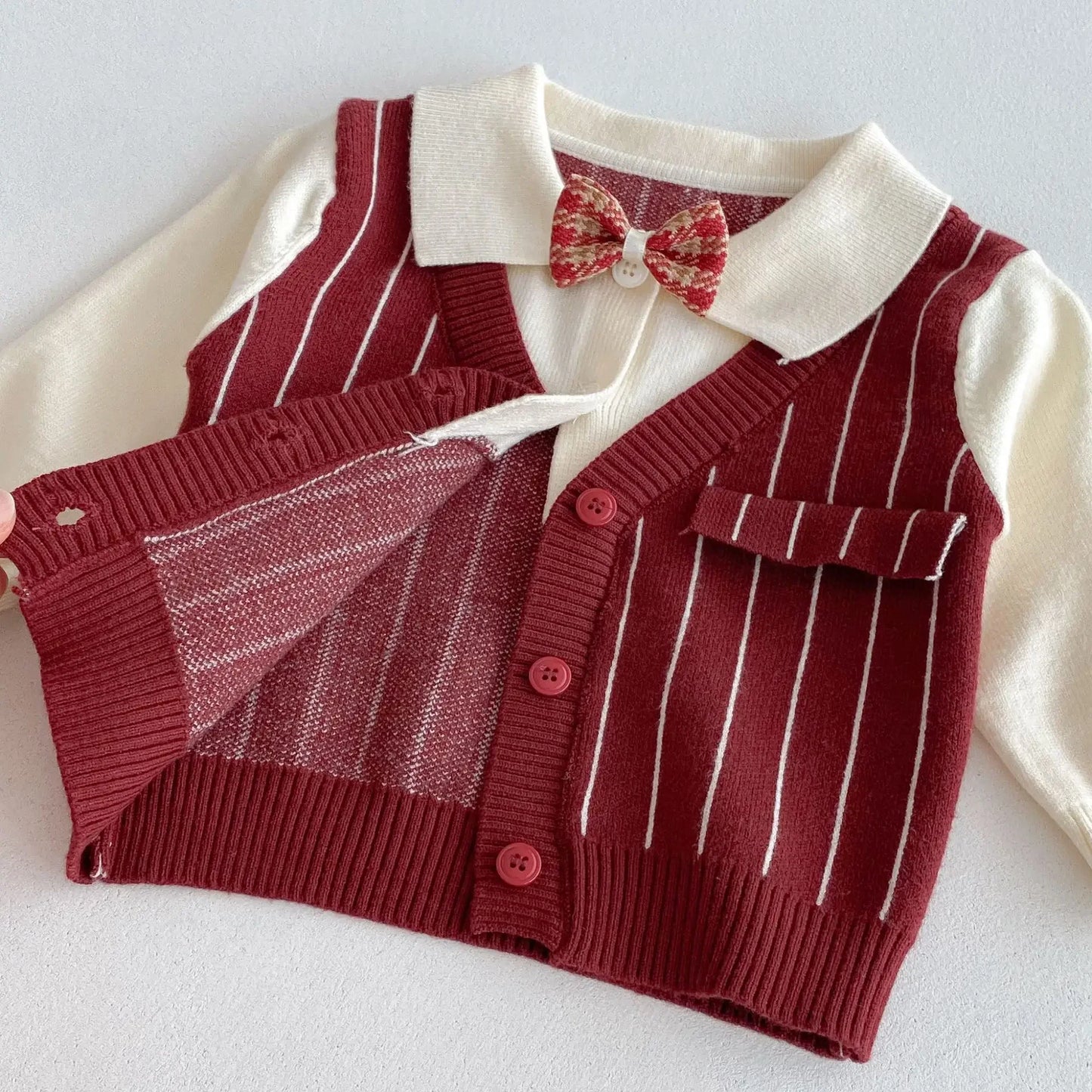 CN Zhejiang Baby Boy Knit Striped 3 Piece Set Bow Tie Shirt