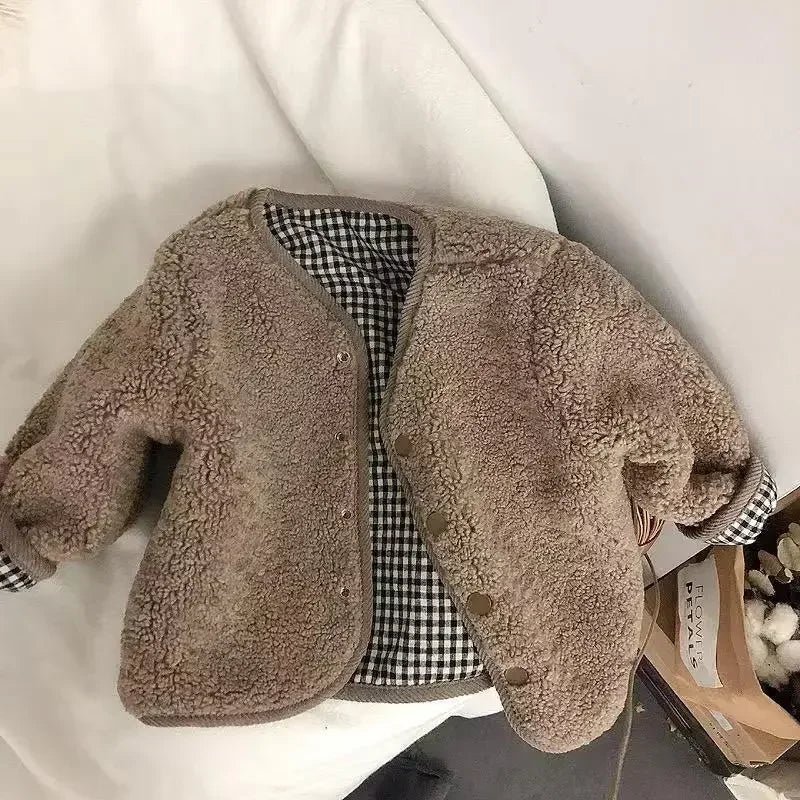 HoneyCherry Kids Reversible Plaid Jacket Plush Winter Coat