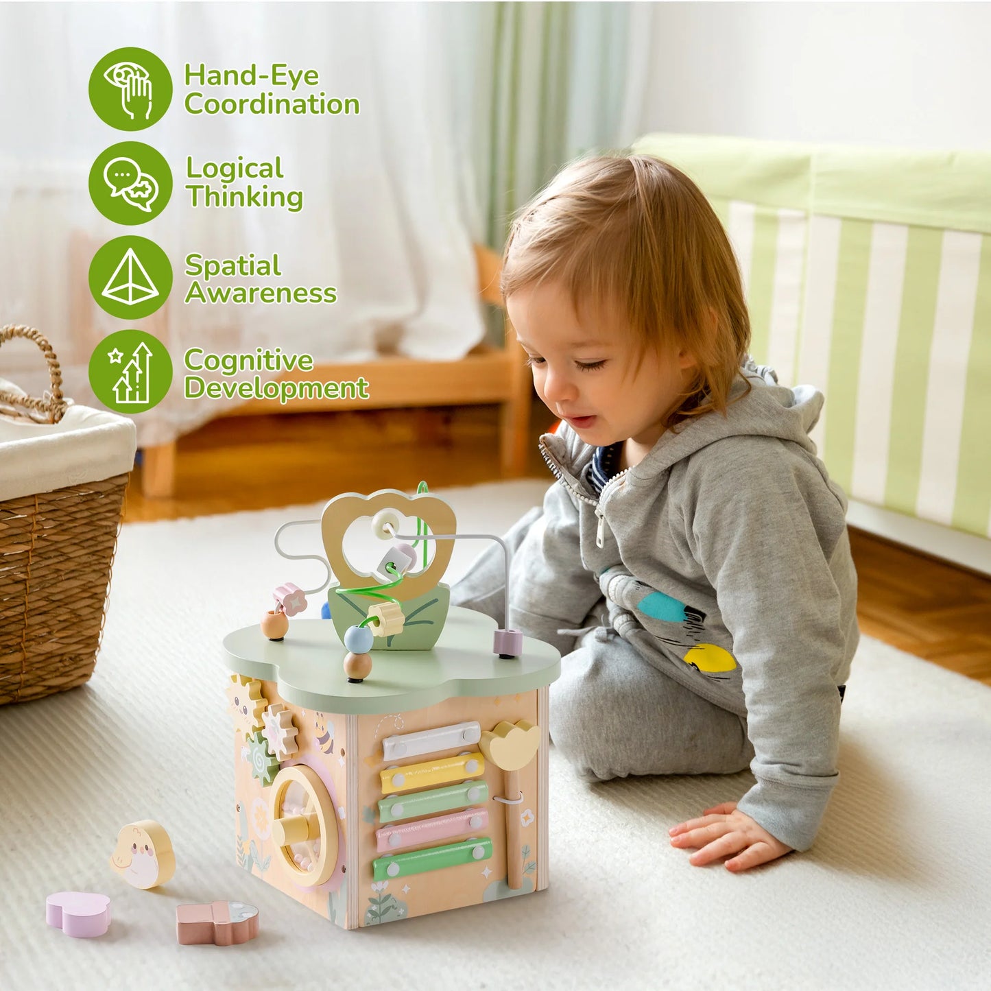 ROBOTIME Wooden Activity Cube 7 Areas Montessori Toys