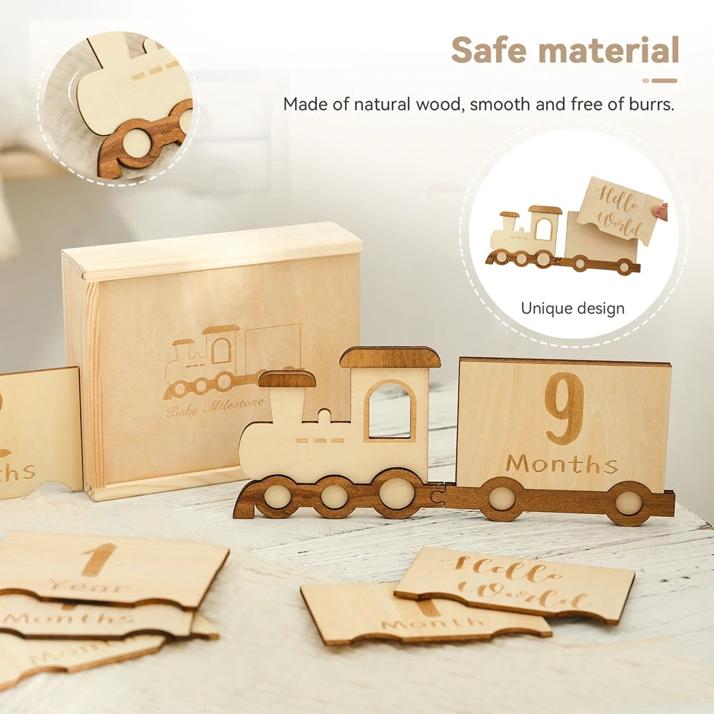 Lets Make Wooden Baby Milestone Card Cartoon Train Growth Record 0 to 12 Months