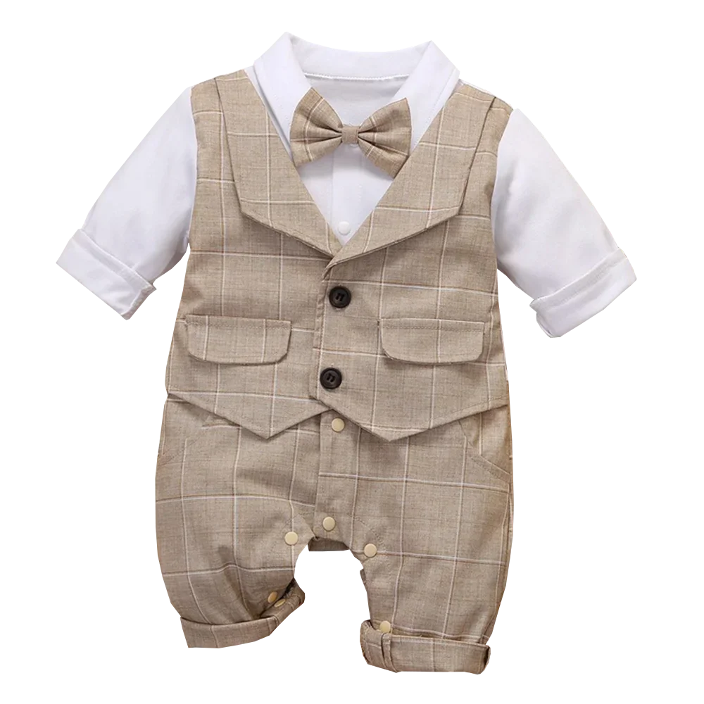 Baby Boy Plaid Formal Dress Set Cotton Romper Vest
