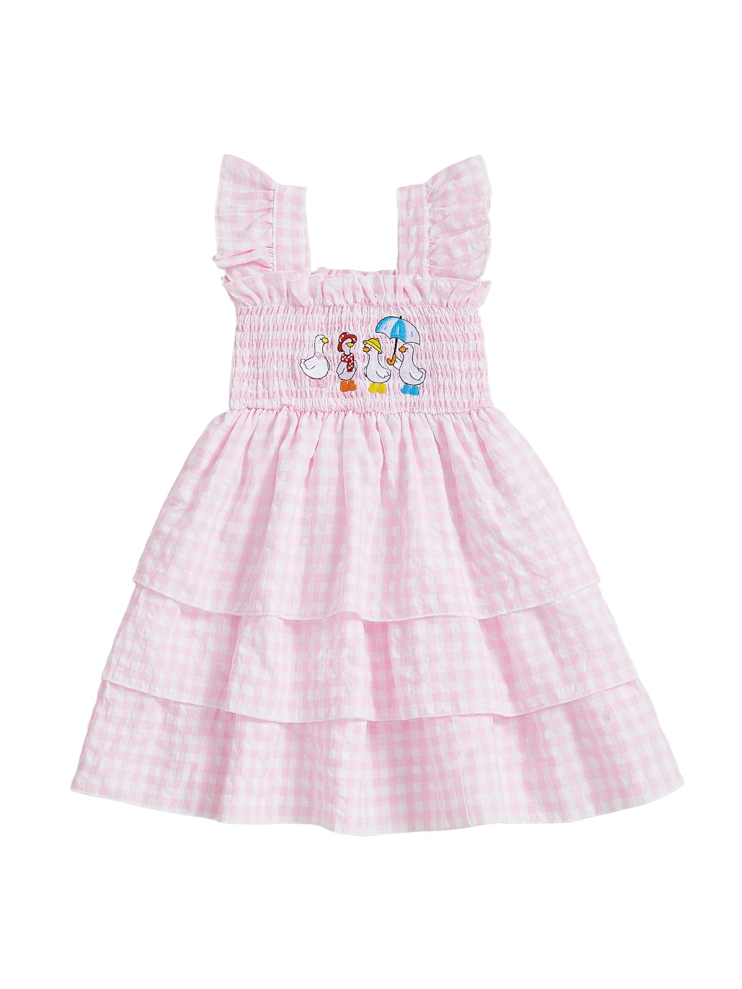 Baby Girls Sleeveless Plaid Dress With Duck Embroidery And Square Collar