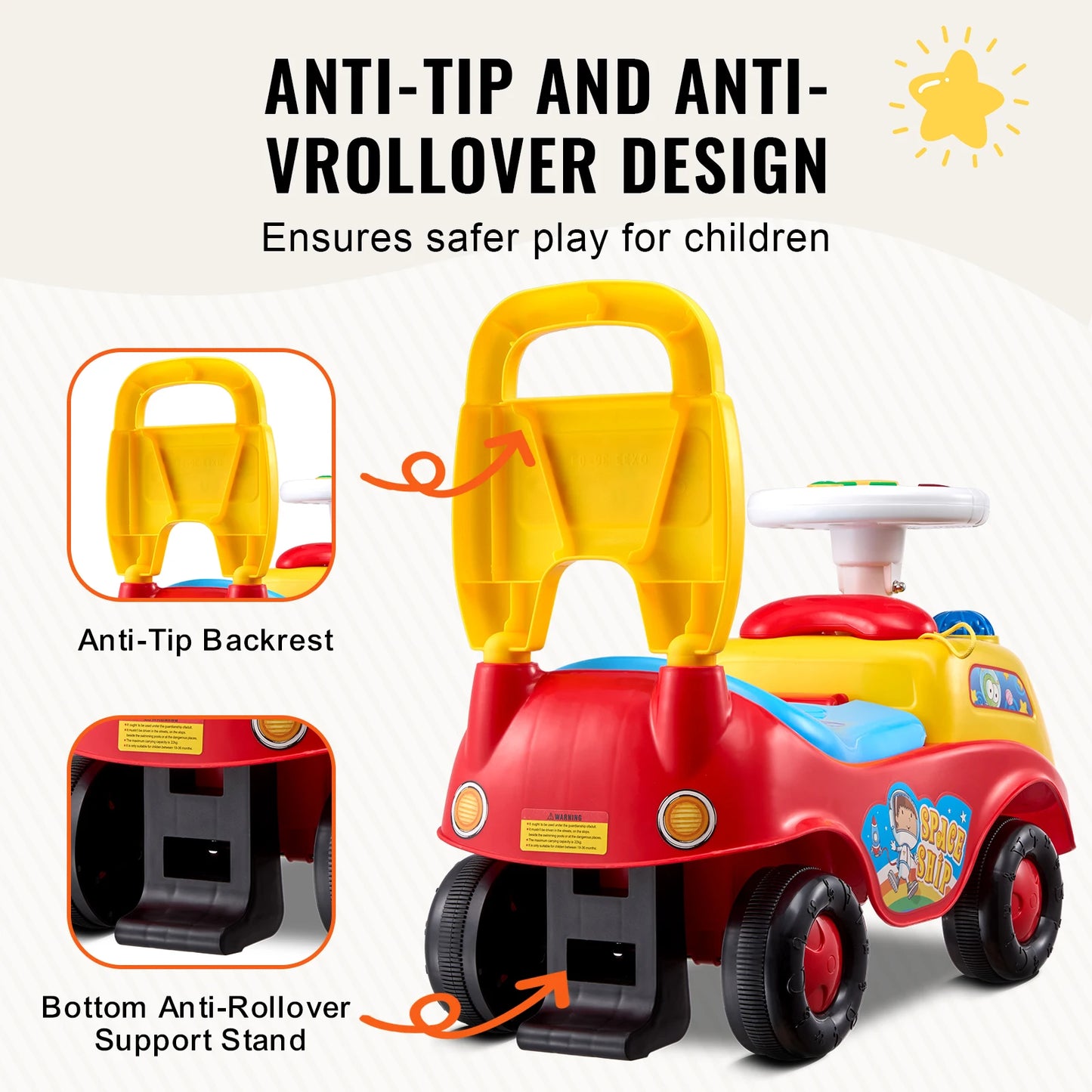 SucceBuy Toddler Ride On Push Car With Music Steering Wheel