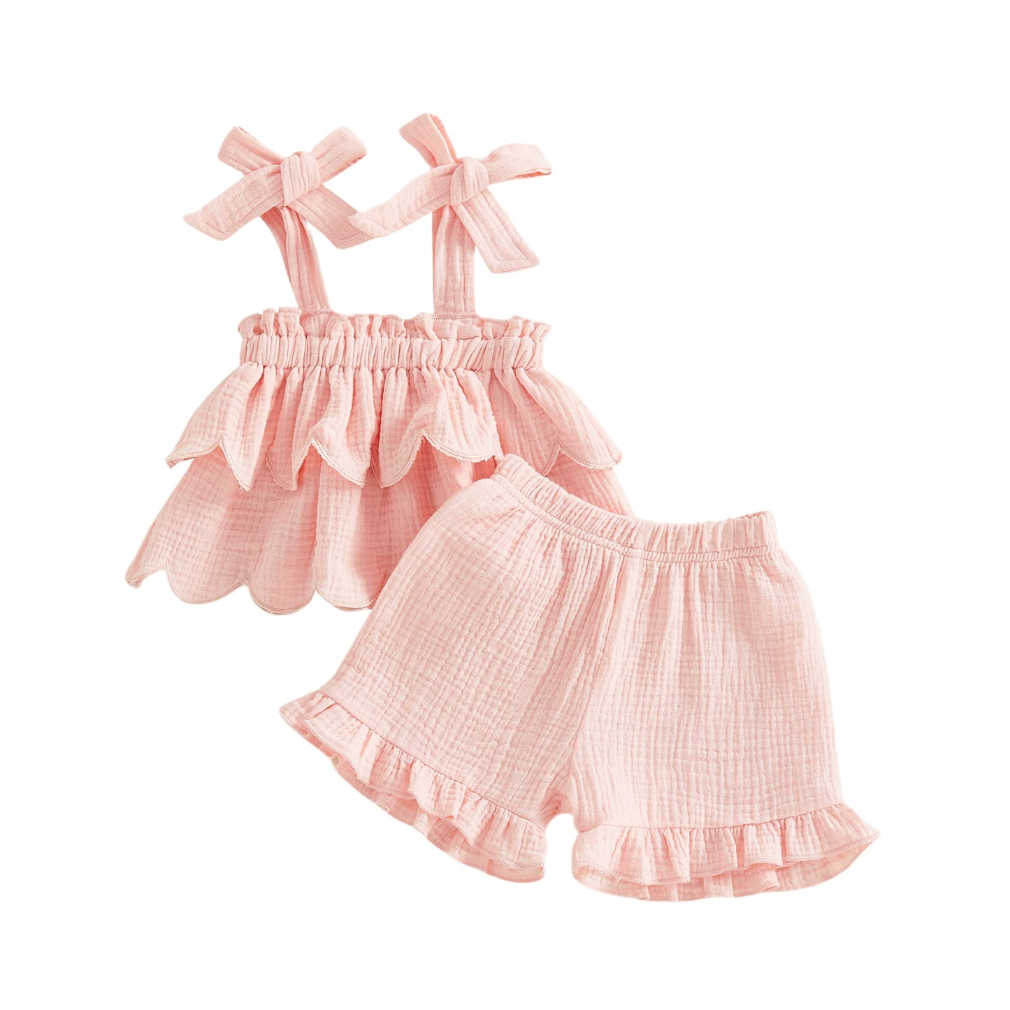 Girls Casual Sleeveless Crop Top And High Waisted Shorts Set With Ruffle Trim