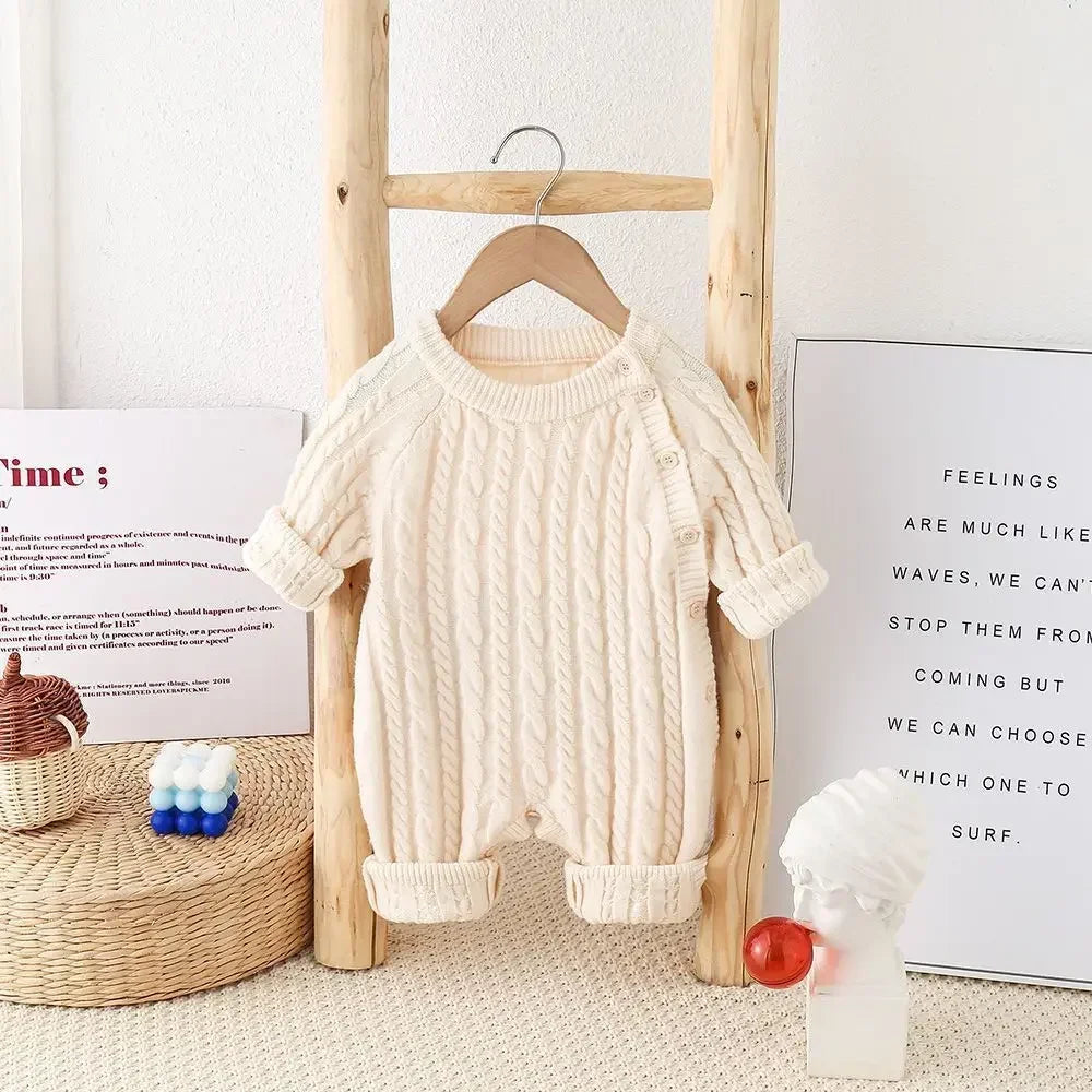Unisex Baby Cable Knit Romper With Elastic Cuff Side Button