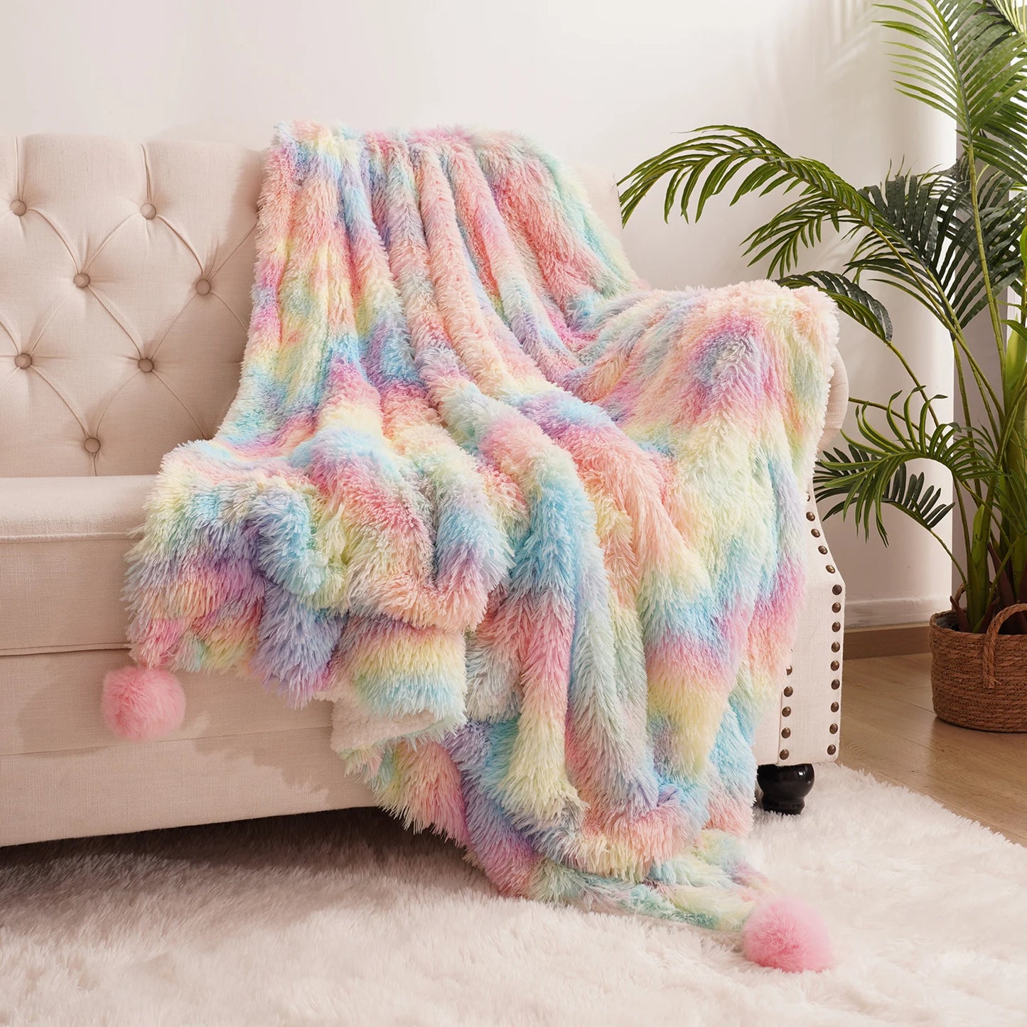 Soft Rainbow Fluffy Plush Blanket Bedspread For Home Decor