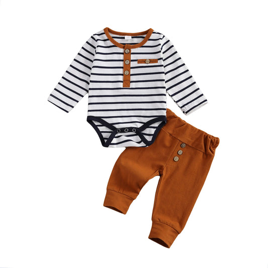 Lioraitiin Baby Striped Long Sleeve Romper And Trousers Set