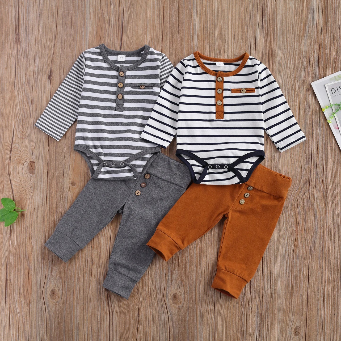 Lioraitiin Baby Striped Long Sleeve Romper And Trousers Set