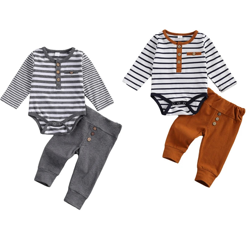 Lioraitiin Baby Striped Long Sleeve Romper And Trousers Set