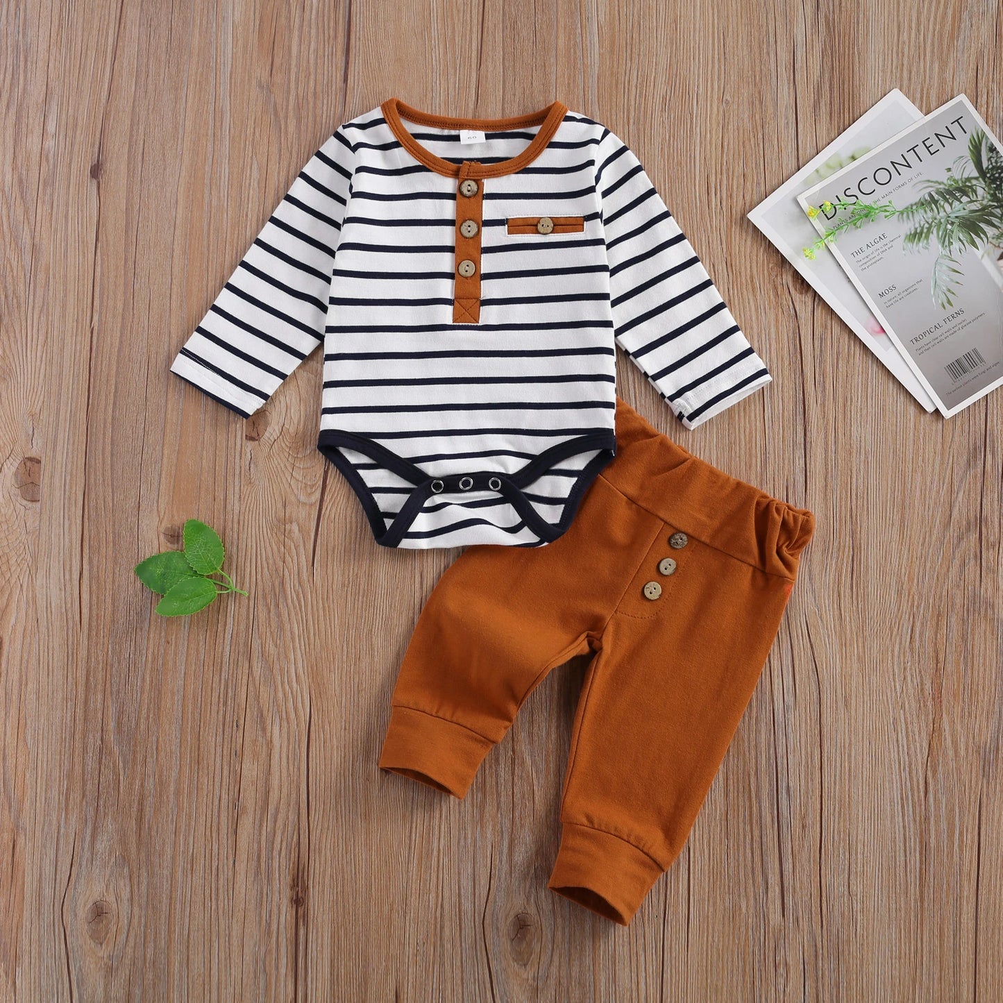 Lioraitiin Baby Striped Long Sleeve Romper And Trousers Set