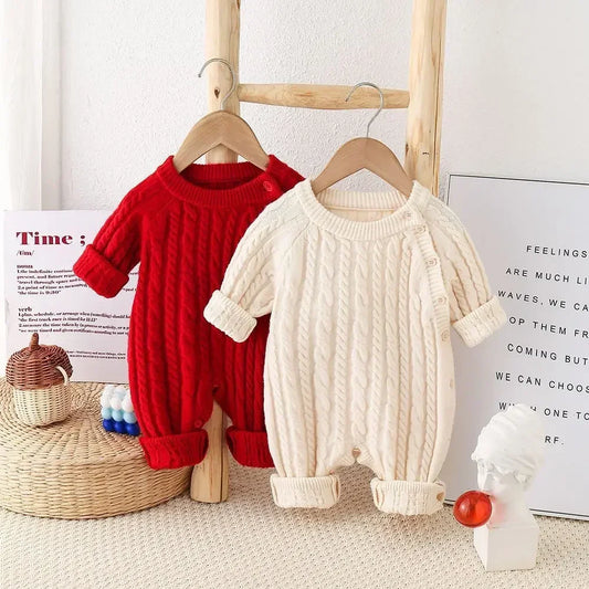 Unisex Baby Cable Knit Romper With Elastic Cuff Side Button
