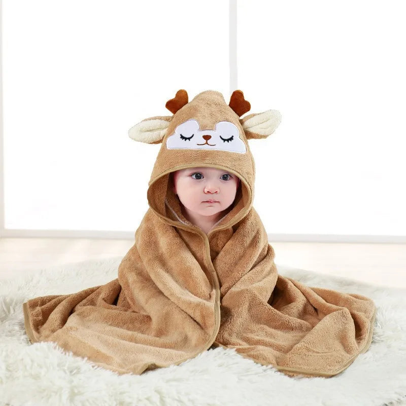 NONECN Baby Hooded Bathrobe Cartoon Coral Fleece Towel Blanket