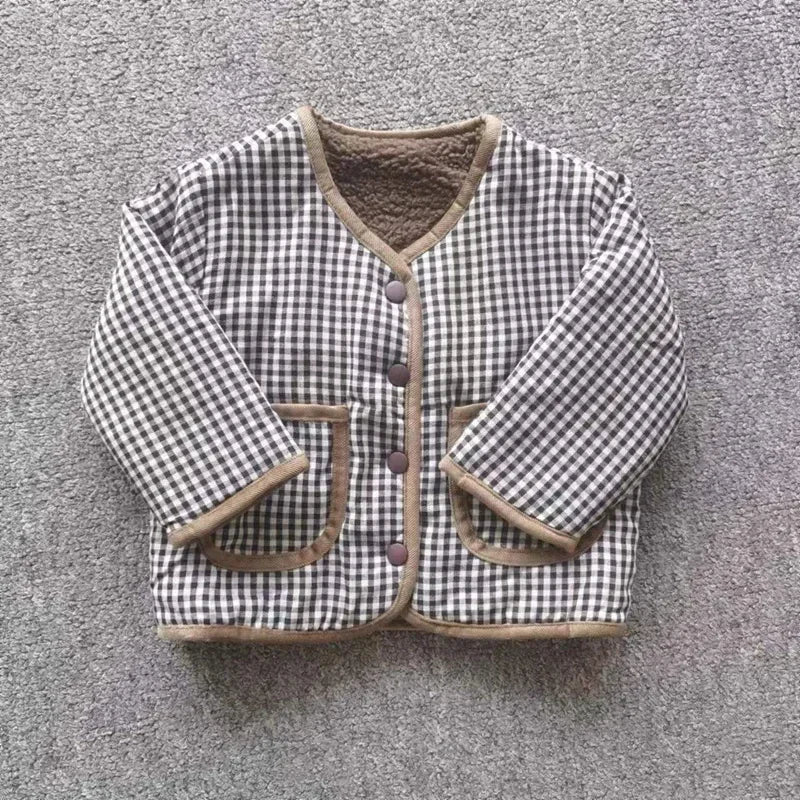 HoneyCherry Kids Reversible Plaid Jacket Plush Winter Coat