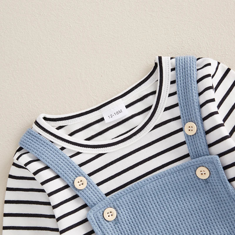 Pudcoco Boys Striped 2-Piece Long Sleeve Tee With Suspender Pants