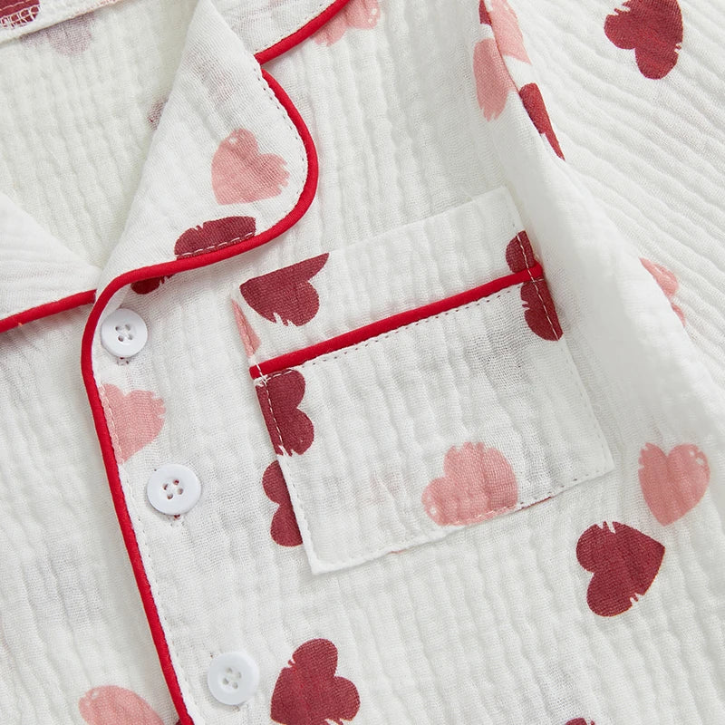 Girls Heart Pattern Pajama Set With Elastic Waist Pants