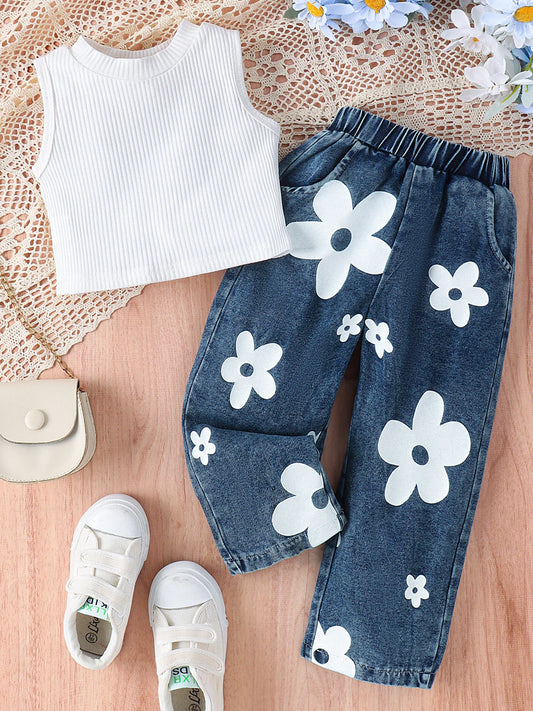 Toddler Girl Tank Top And Printed Jeans Set Outfit