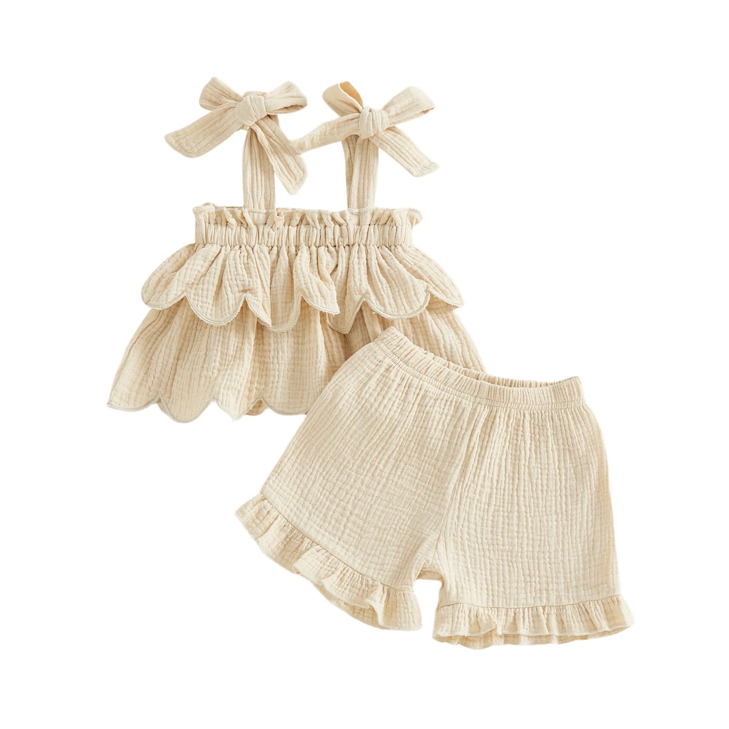 Girls Casual Sleeveless Crop Top And High Waisted Shorts Set With Ruffle Trim