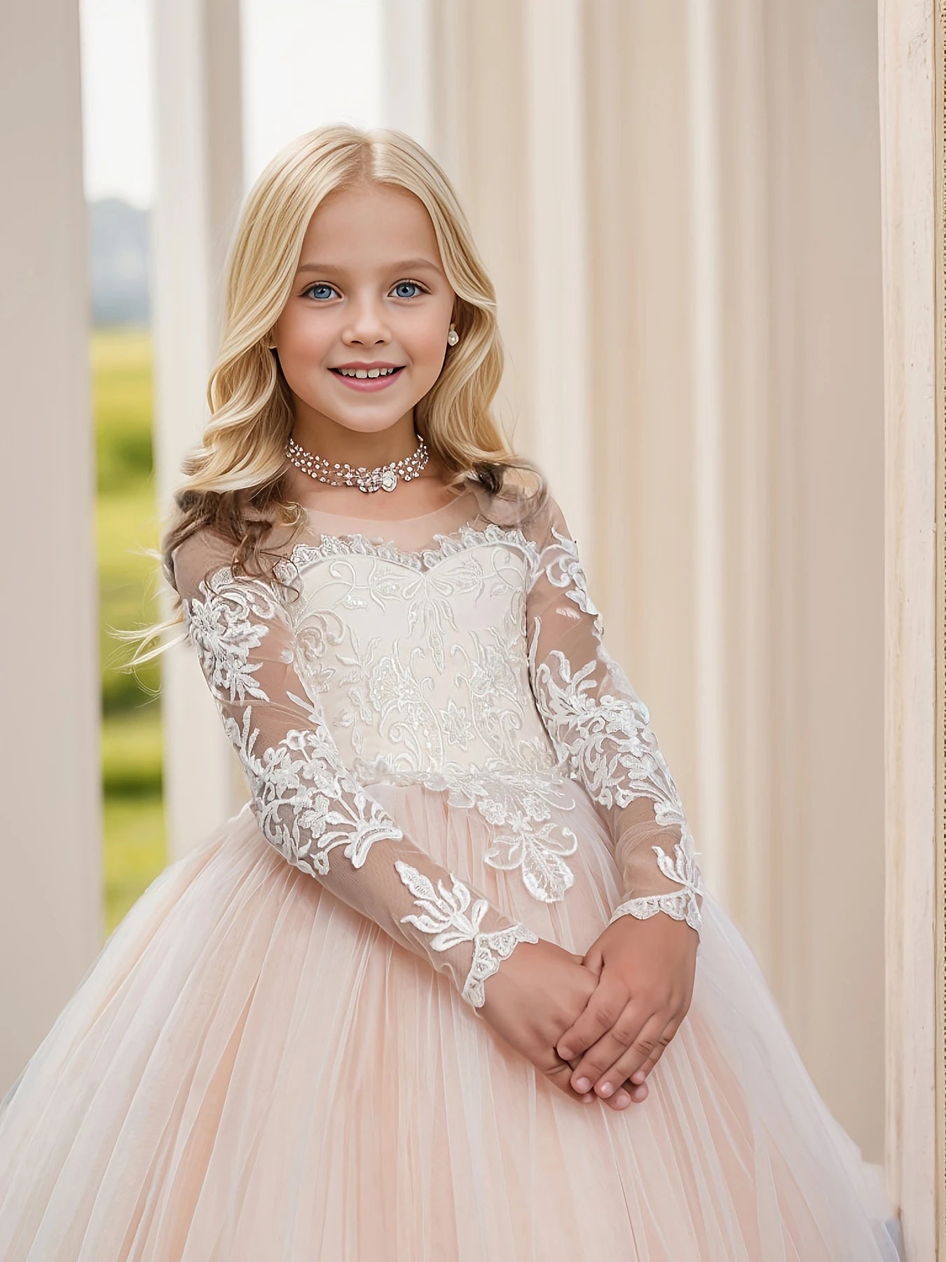 Abaowedding Lace Embroidered Sheer Long Sleeves Kids Gowns