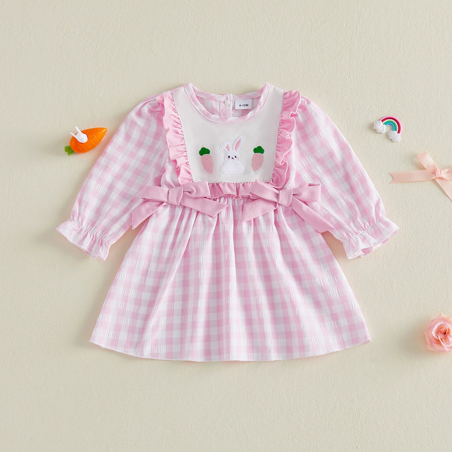 Toddler Girl Easter Dress With Plaid Bunny Embroidery Bow Detail