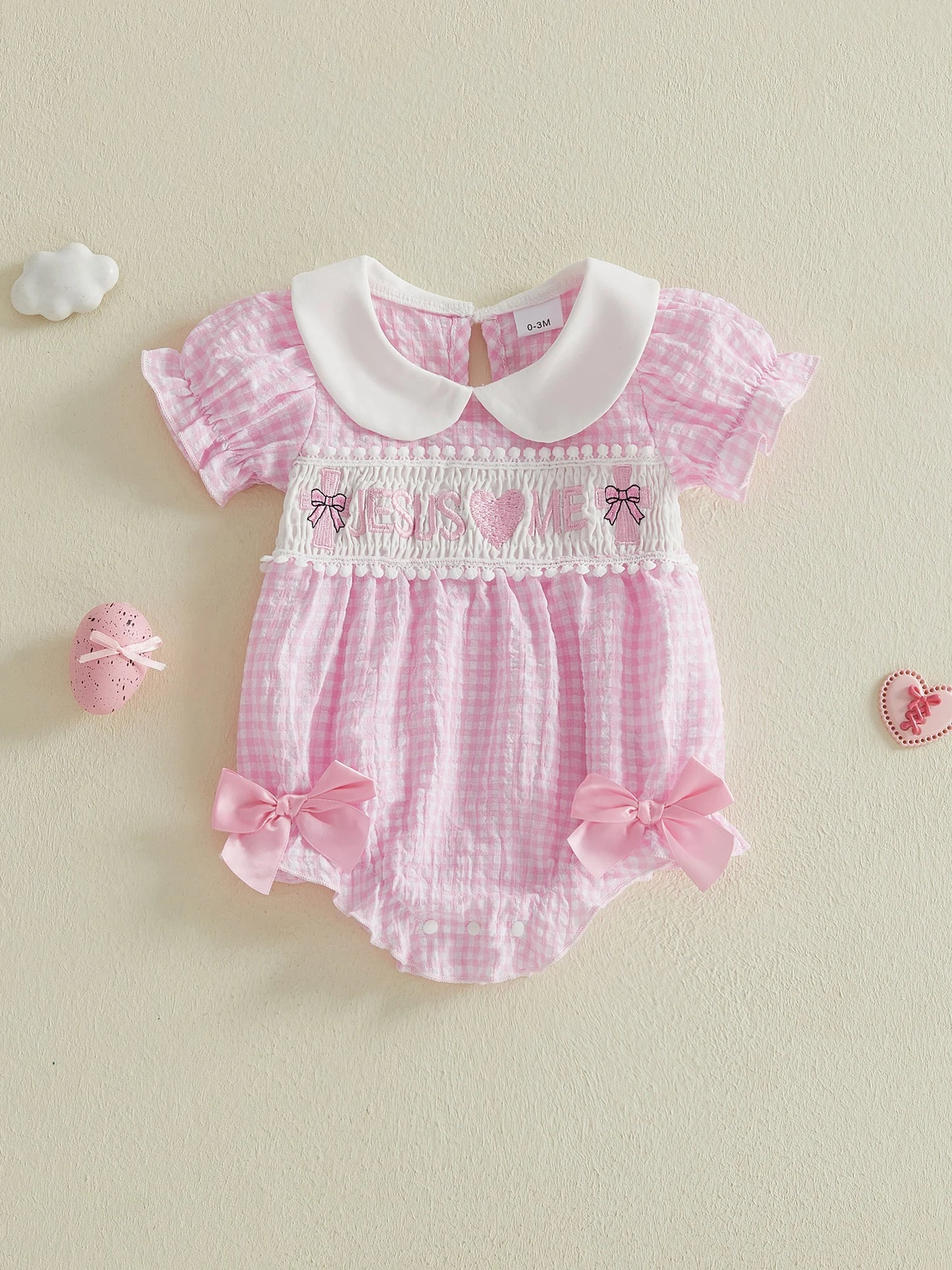 NONECN Baby Girls Summer Romper With Heart Embroidery Plaid Design
