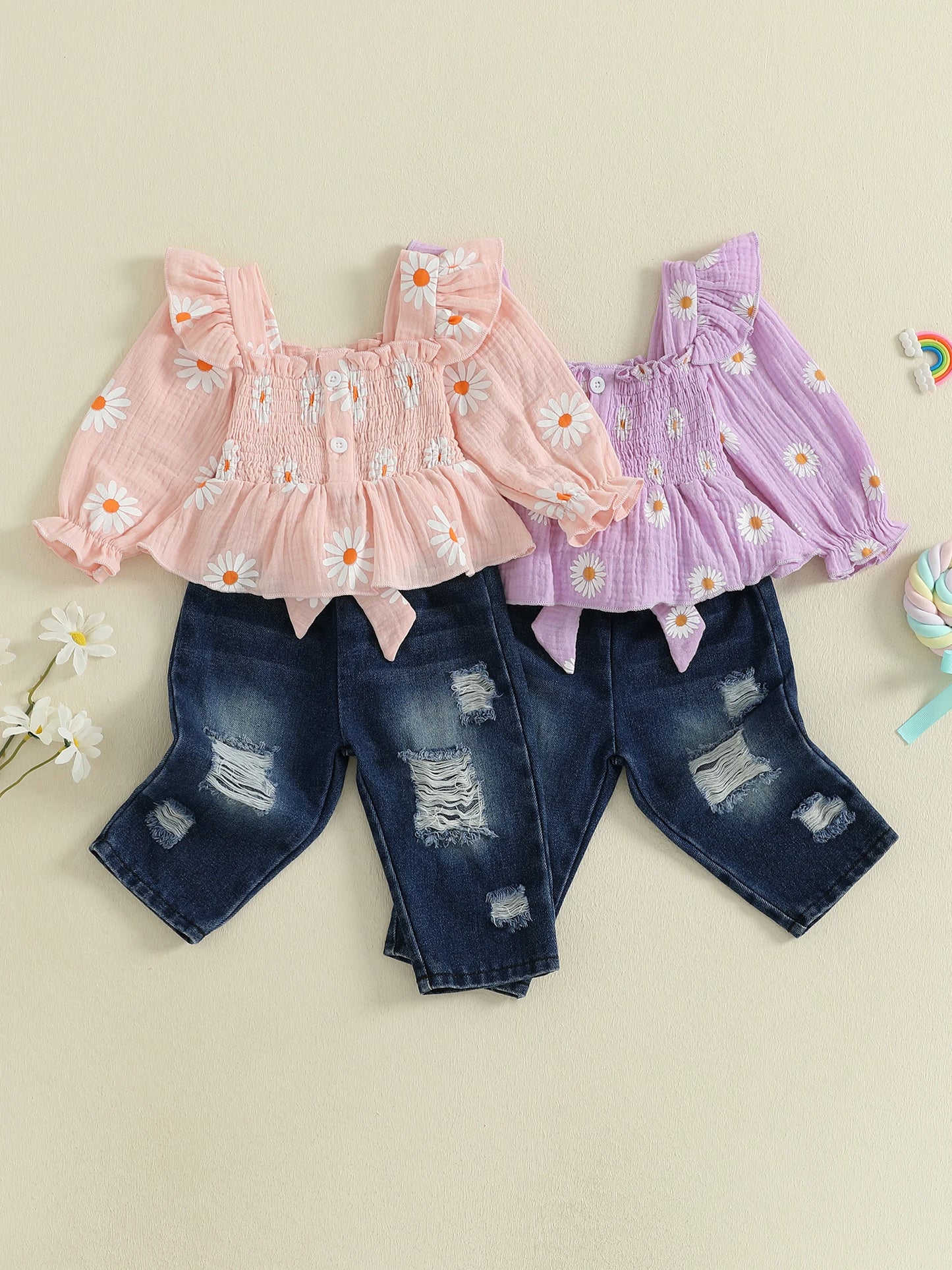 Girls Floral Print 2 Piece Outfit Set Denim Pants Collection