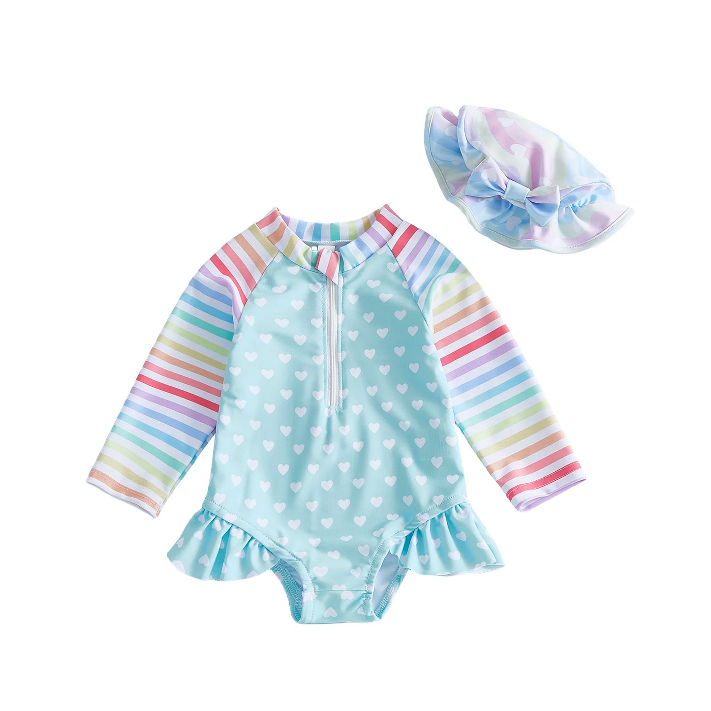 Girls Heart Patterned Two Piece Rash Guard Swimsuit With Hat