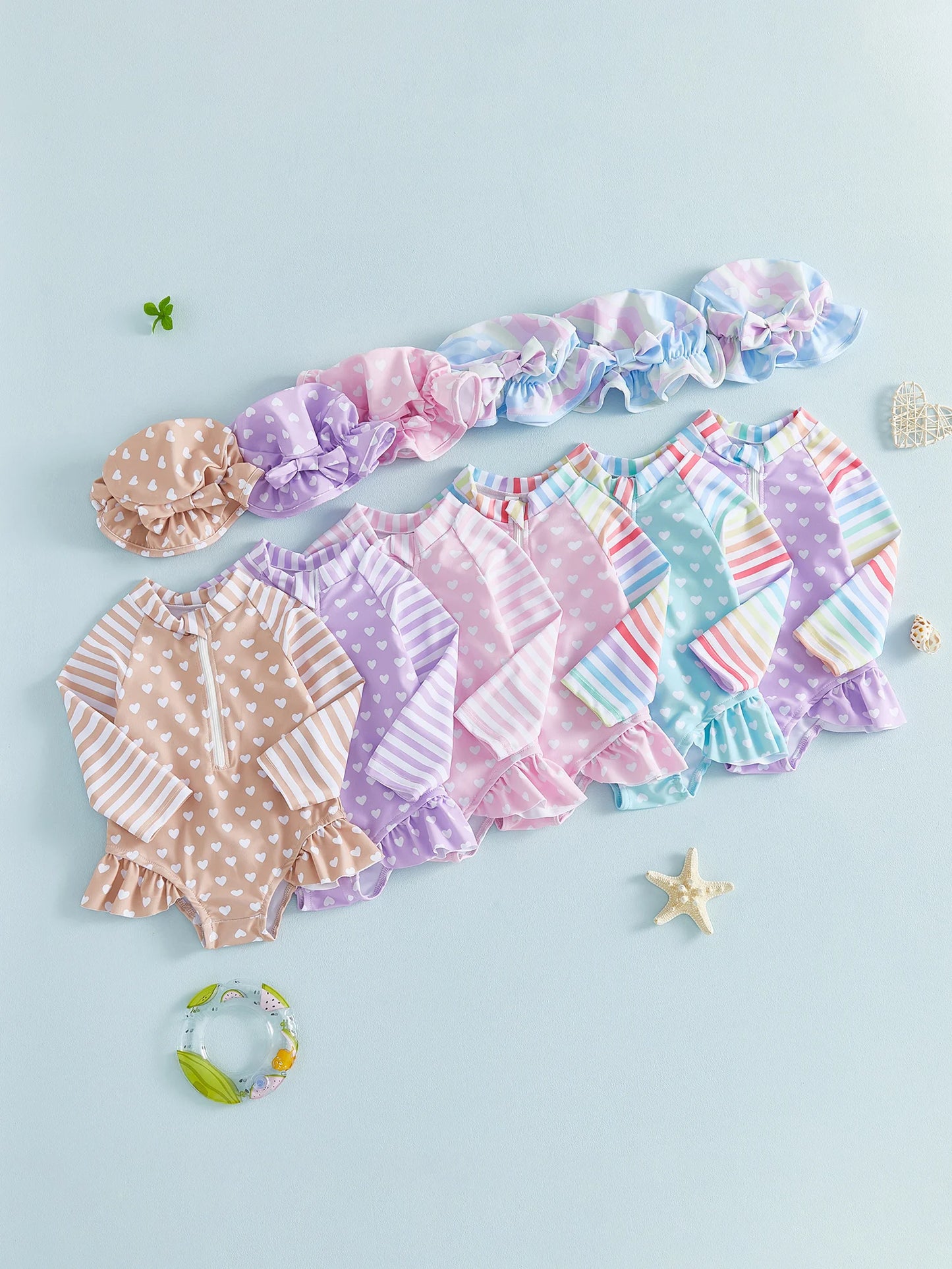 Girls Heart Patterned Two Piece Rash Guard Swimsuit With Hat