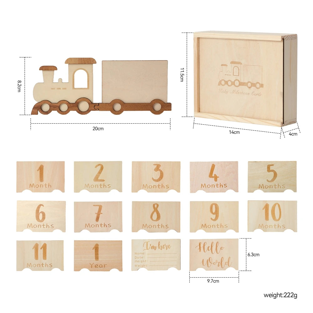Lets Make Wooden Baby Milestone Card Cartoon Train Growth Record 0 to 12 Months