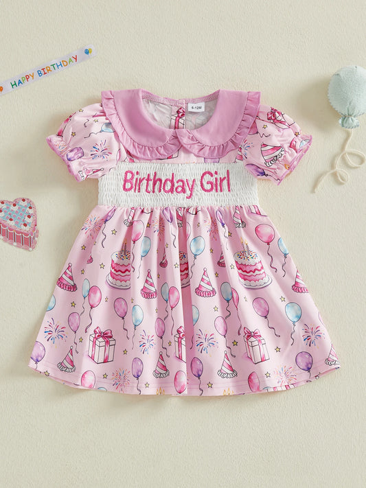 Girls Summer Short Sleeve Dress with Doll Collar Letter Cake and Balloons Print - Perfect for Birthday Parties