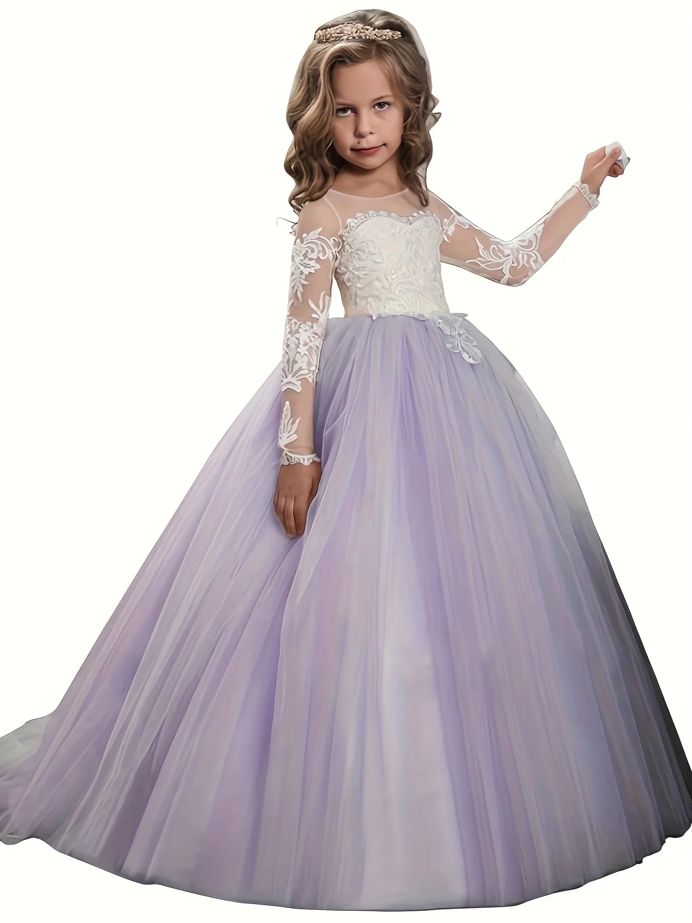 Abaowedding Lace Embroidered Sheer Long Sleeves Kids Gowns