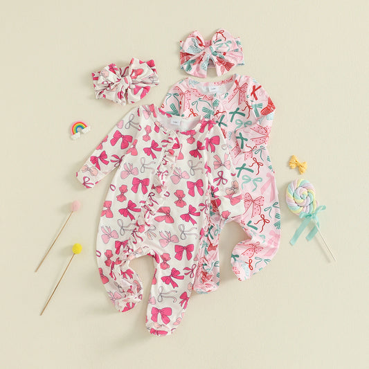 PudcocoCN Autumn Newborn Baby Girls Footed Romper Bow Print