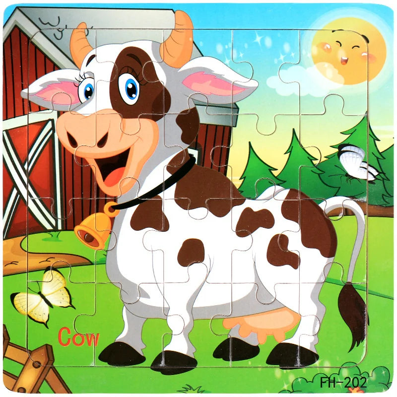 Wooden 3D Puzzle Cartoon Animals and Vehicles Jigsaw for Kids