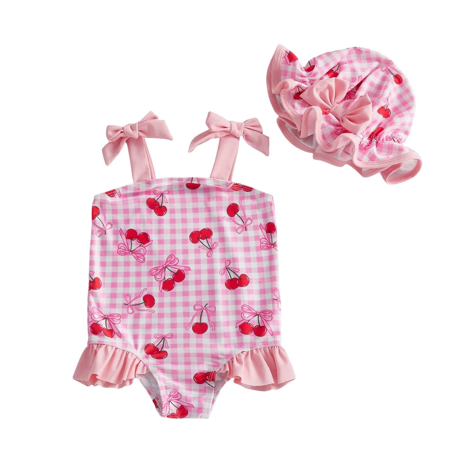Strawberry Bow Cherry Print Toddler Girl Swimsuit Set