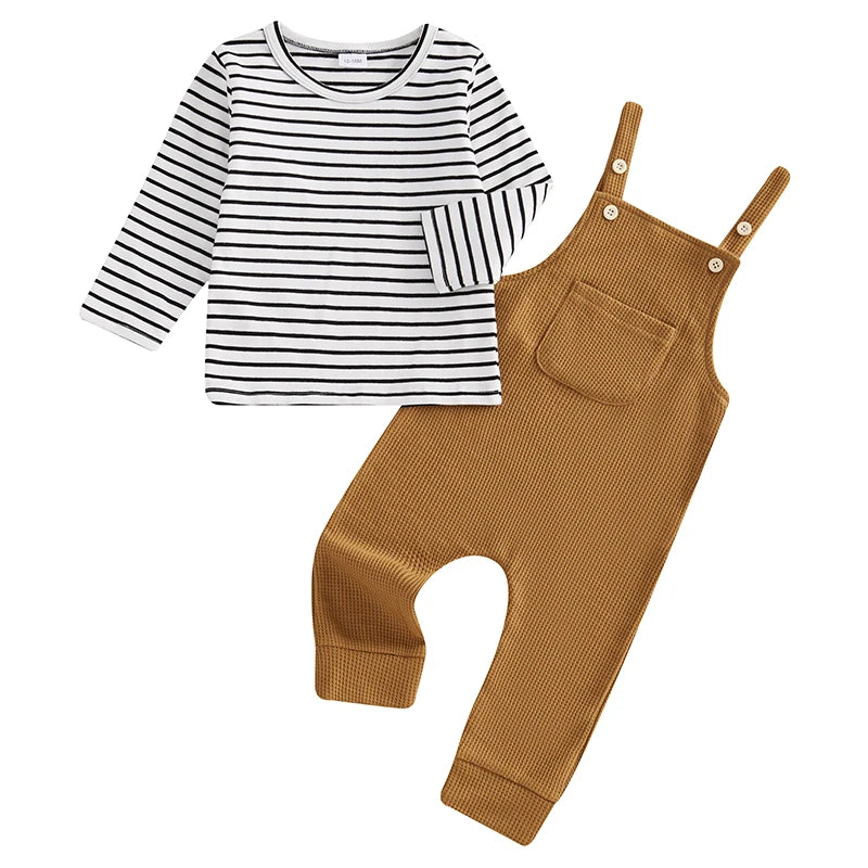 Pudcoco Boys Striped 2-Piece Long Sleeve Tee With Suspender Pants