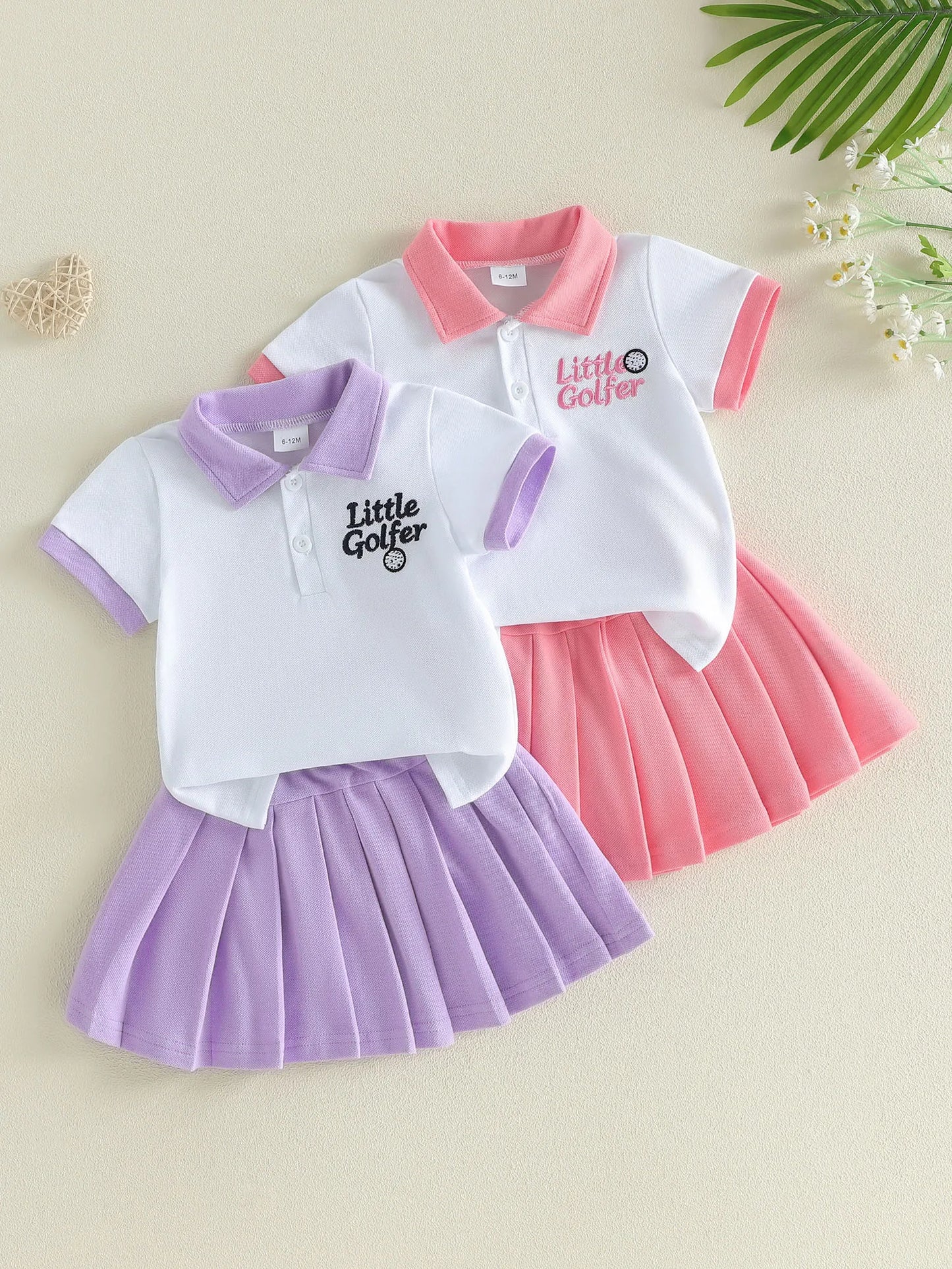 Girls Golf Outfit Embroidered Letters Shirt and Pleated Skirt Set