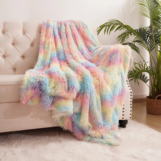 Soft Rainbow Fluffy Plush Blanket Bedspread For Home Decor
