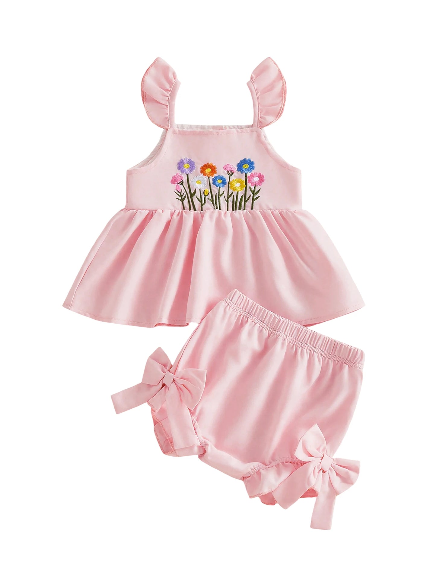 Toddler Girls Floral Embroidery Flutter Sleeves Top Shorts Set