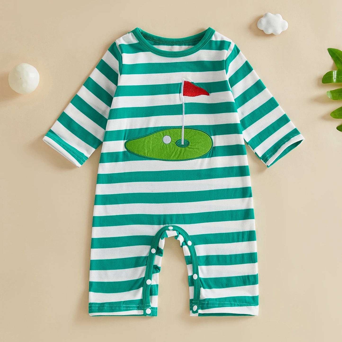 Infant Striped Playsuit With Long Sleeves And Golf Embroidery