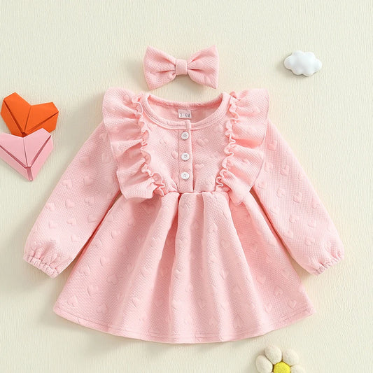 Girls Valentines Day Heart Print Ruffle Sleeve Dress With Headband