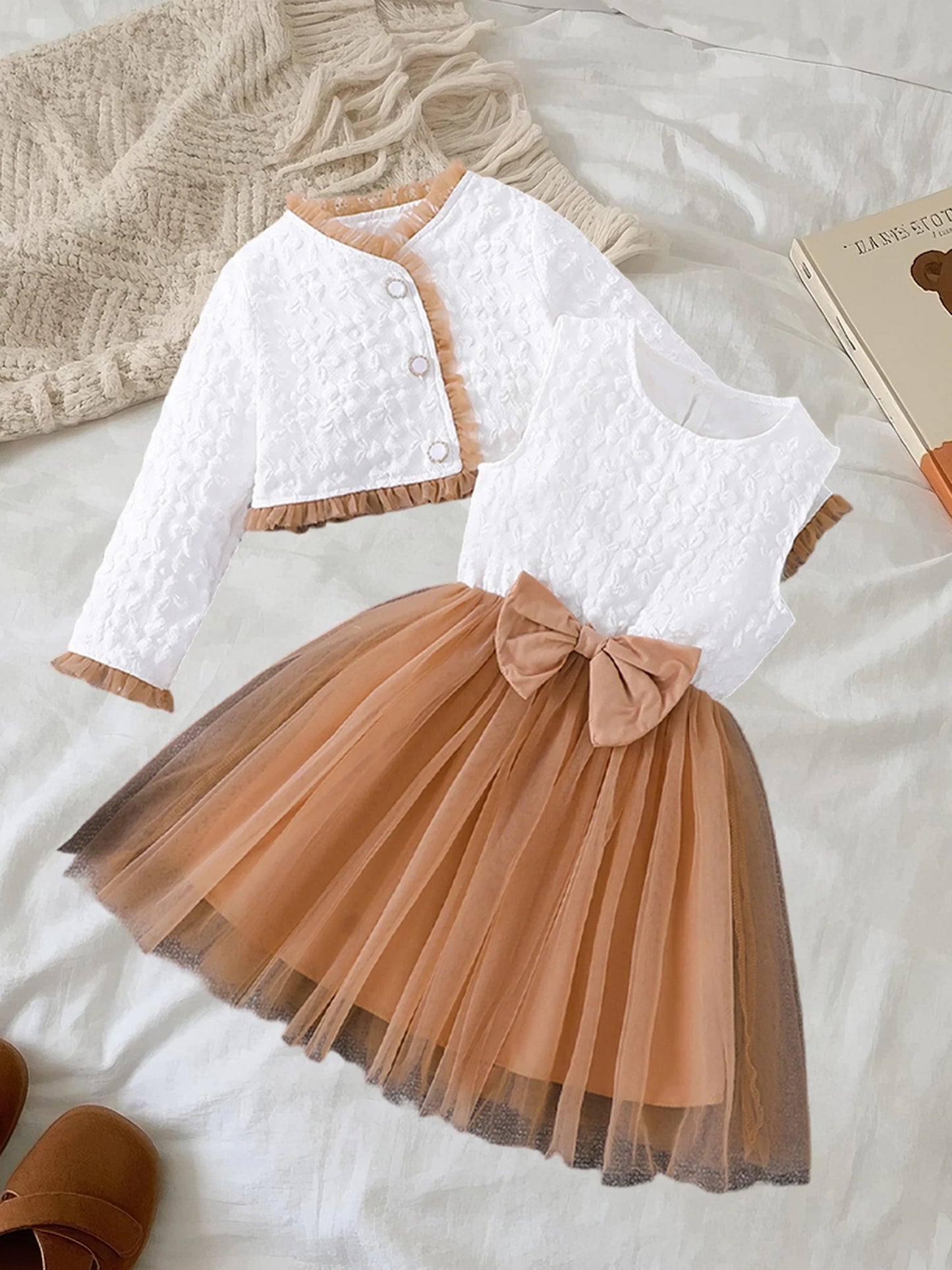 Girls 2-Piece Sleeveless Bow Tulle A-Line Dress With Jacket