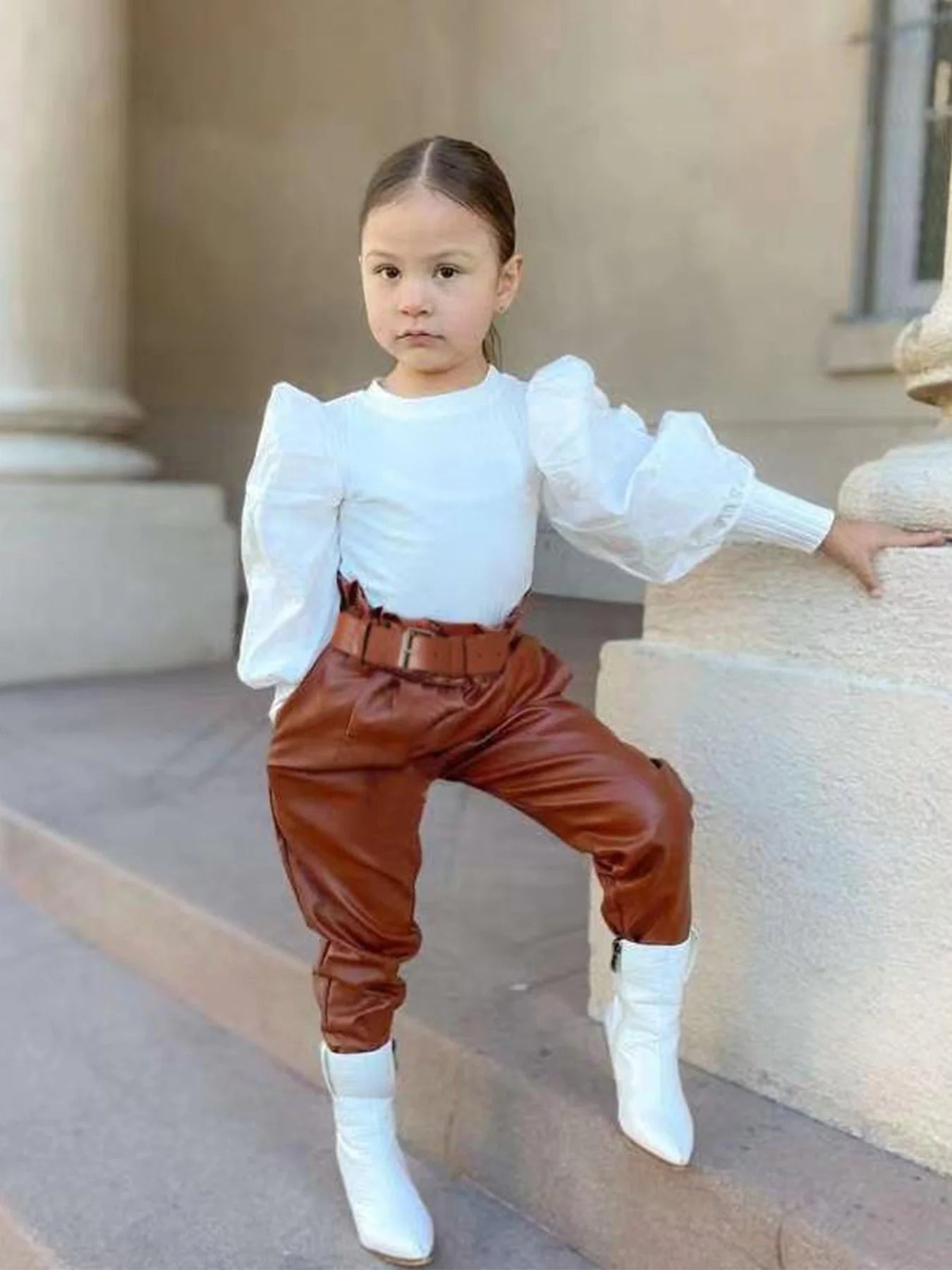Girls Fall Winter Outfit Set With Ruffled Blouse Pants Boots