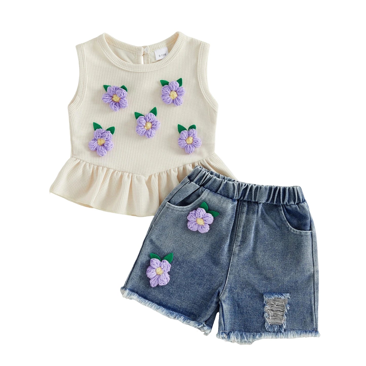 Toddler Girls Floral Embroidered Tank Top And Ruffled Denim Shorts Set