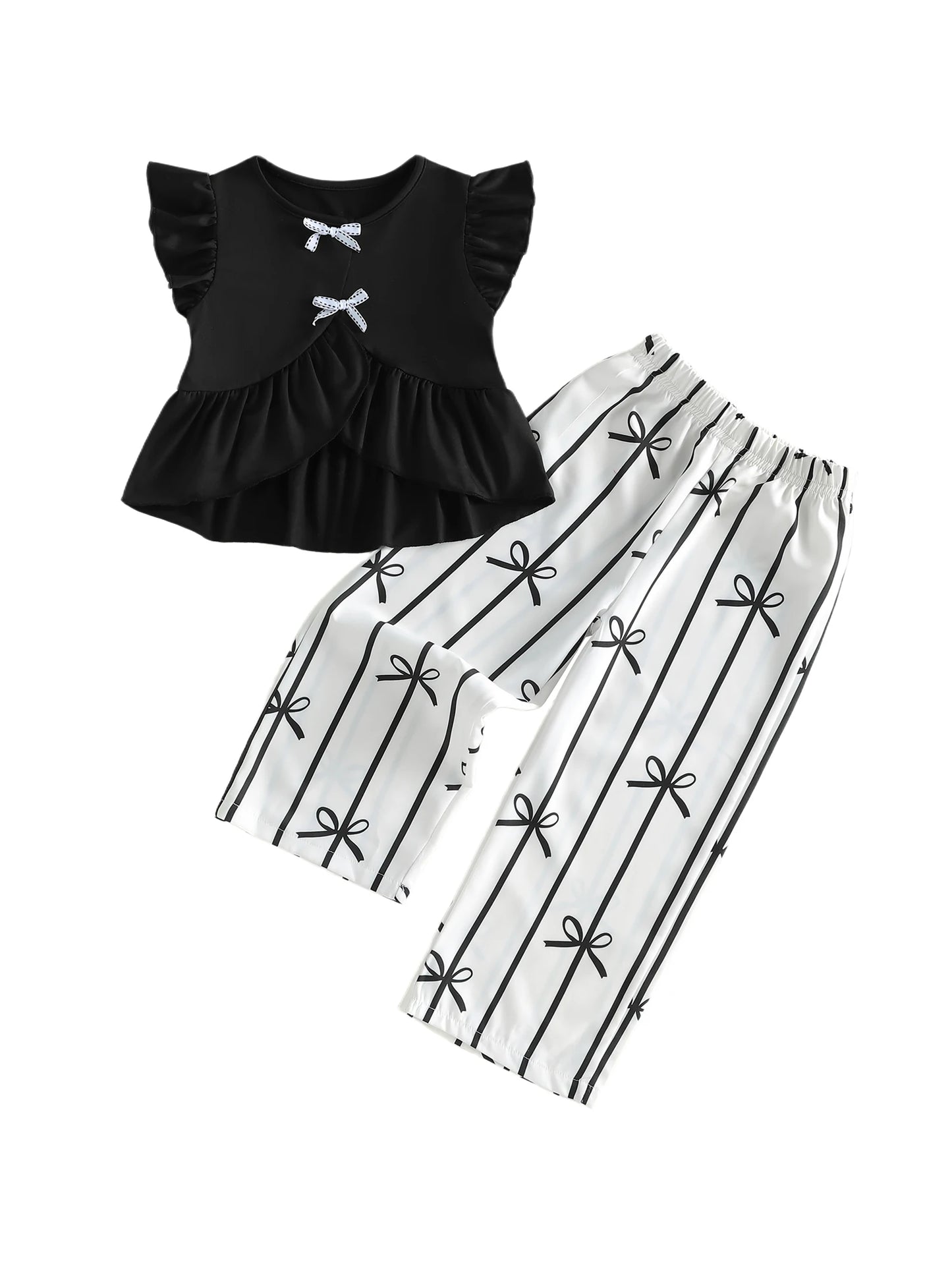 Girls Flutter Sleeve Bow Detail 2 Piece Set For Summer