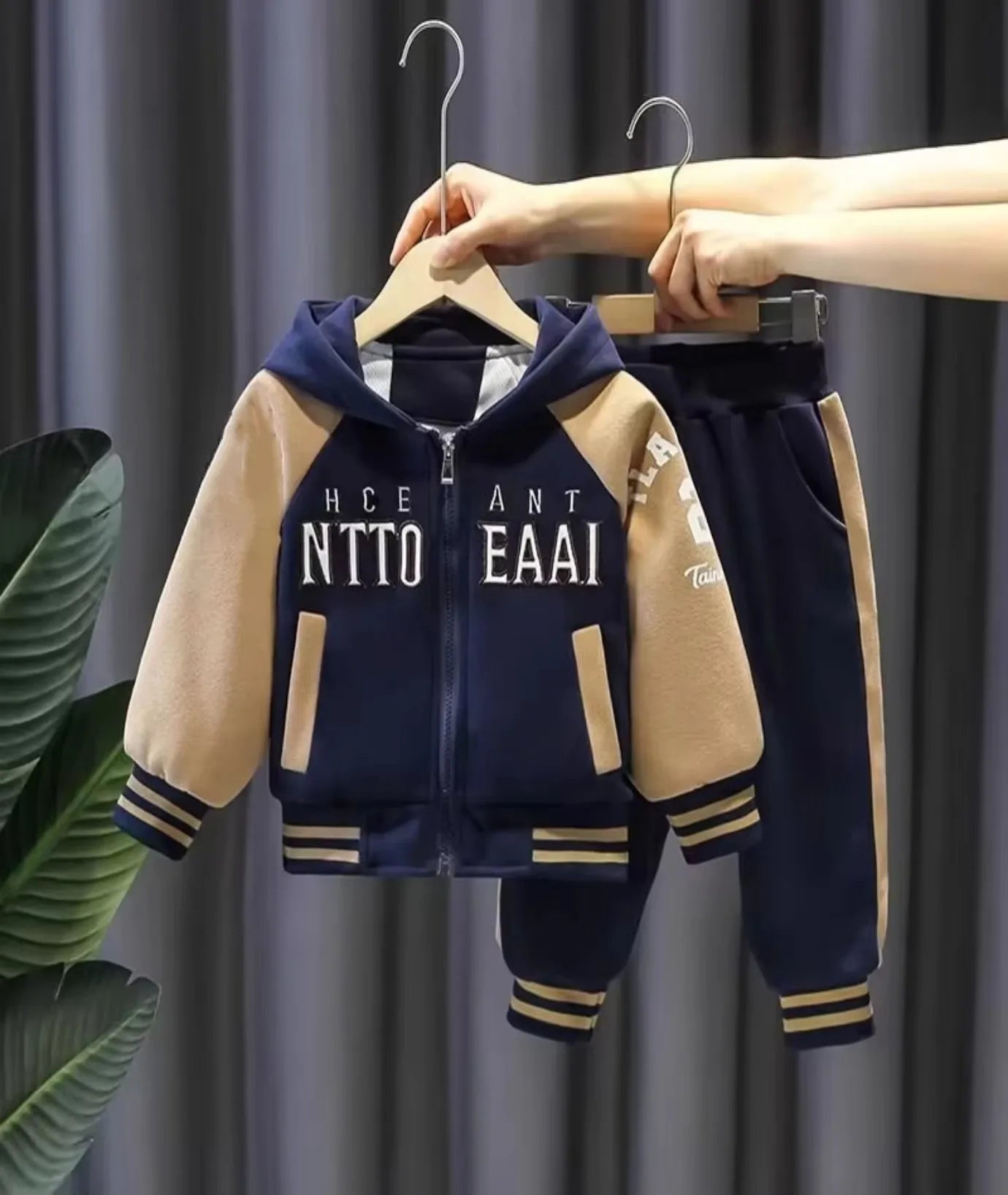 Henan Boys Embroidered Hooded Patchwork Coat And Pants Set