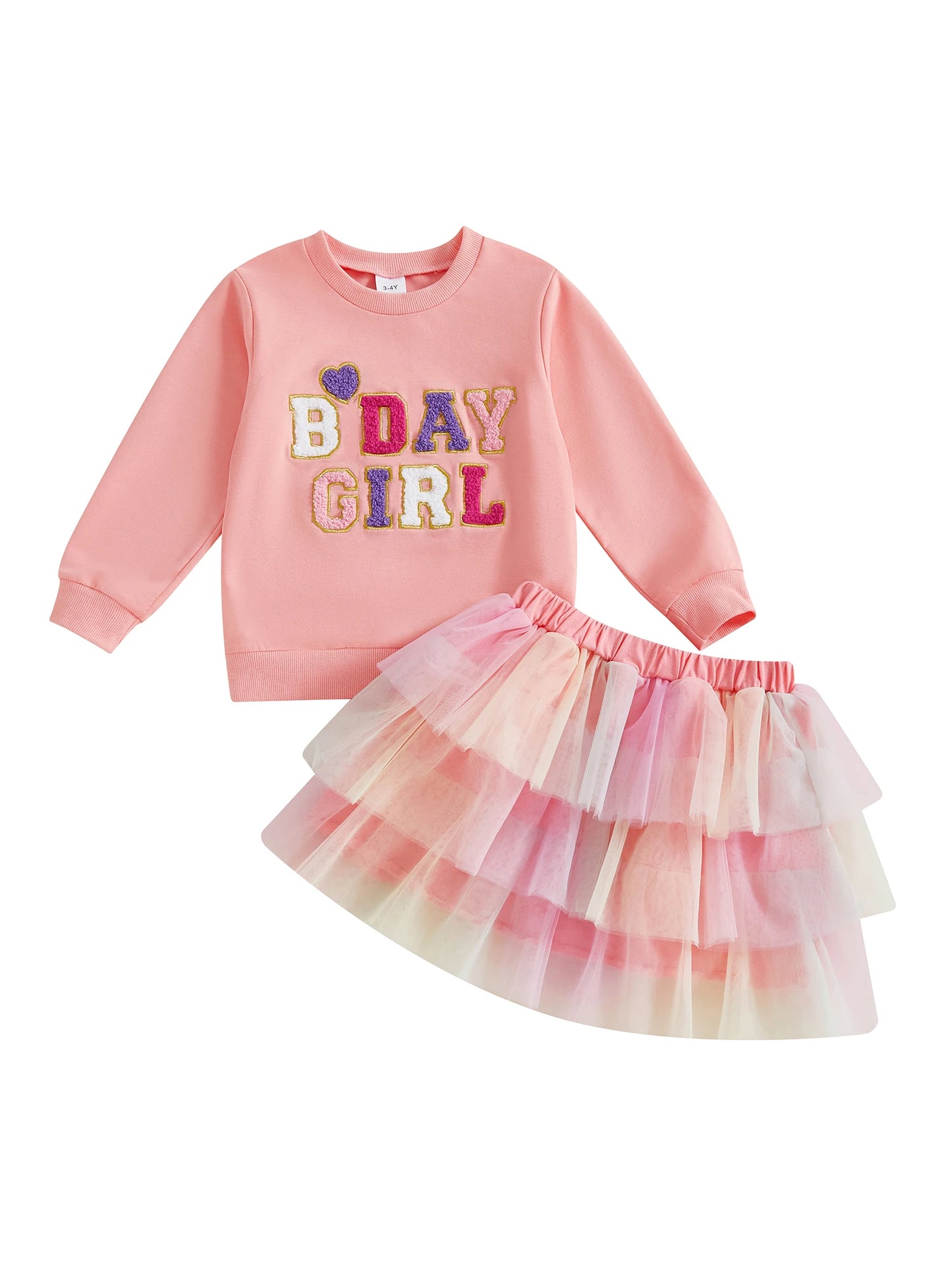 Adorable Toddler Girl Birthday Outfit Heart Embroidered Sweatshirt Layered Skirt